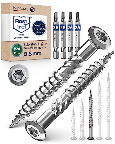 Terrassenschrauben 5x60 Edelstahl A2 Linsenkopfschrauben Torx Schrauben 5mm stark 1000 Stück Holzschrauben Torx 60mm lang Edelstahlschrauben Holz inkl. 4x Torx Bits
