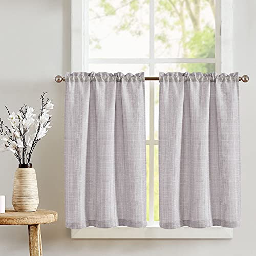 TOPICK Scheibengardinen Küche Bistrogardine mit Tunnelzug Hellgrau Modern Gardinen Kurz Halbtransparente Leinenoptik Küchengardinen für Kleine Fenster Wohnmobil Küchenfenster 70Bx90H cm 2er Set