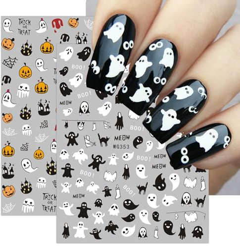 8 Sheets Halloween Nail Art Stickers Decals Self-Adhesive Cute Ghost Kids Pumpkins Ghost Skull Spider Web Nail Supplies Nail Art Design Decoration Accessories