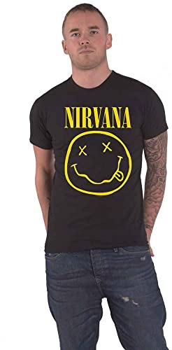 Nirvana Mens T-Shirt | Adults Short Sleeve Graphic Tee in Black | Classic Grunge Distressed Band Logo Print Apparel Top | Vintage Rock Band Merchandise Gift