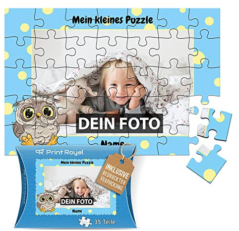Fotopuzzle für Kinder mit Name und Foto Puzzle selbst gestalten - Mein kleines Puzzle mit Eule, Kinderpuzzle | 28 x 19 cm, 35 Teile in Kartonverpackung