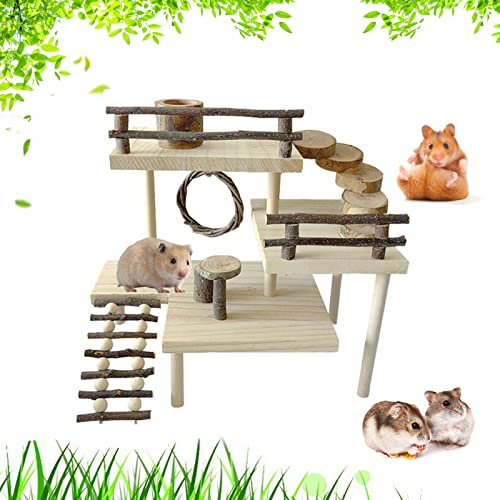 RoseFlower Wooden Hamster Platform, Hamster Playground with Climbing Toy, Small Animal Exercise Set, Natural Living Climb System with Ladder Bridge
