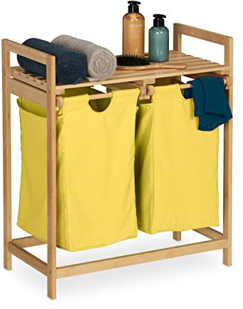 Relaxdays Scaffale Portabiancheria, Mobiletto Bagno in bambù con 2 Sacchi Rimovibili 73x64x33 cm, Marrone Chiaro Giallo