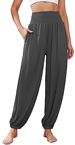Famulily Haremshose Yogahose für Frauen Hochtaillierte Flowy Lässige Hose mit Taschen Dunkelgrau XL