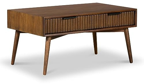 Oskar 2 Drawer Grooved Coffee Table for Living Room | Roseland Furniture Contemporary Retro Walnut Stained Solid Wooden Fluted Acacia Rectangular Centre Storage Table