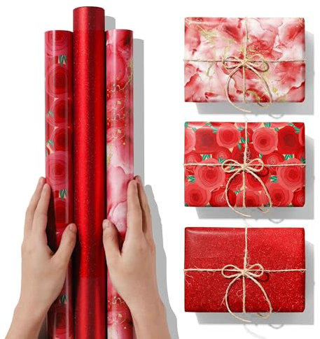 Geschenkpapier Set 3 Rollen Rot Mädchen Geschenkpapier Geburtstag - 3 Verschiedene Rosen, Marmor, funkelnd rot Muster Designs für Geburtstag,Hochzeit,Muttertag,Valentinstag - 43cm x 3 m Pro Rolle