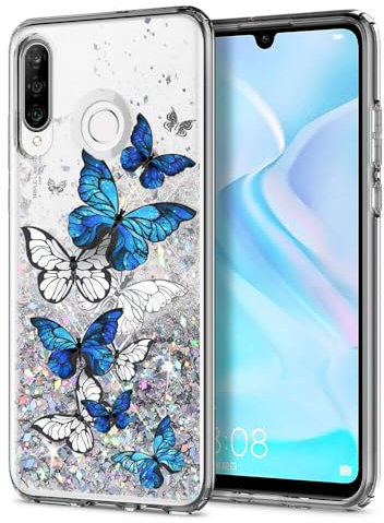 Anreixx Glitter Hülle für Huawei P30 Lite, Niedliche Schmetterling Muster Silikonhülle mit glänzenden Sparkle Bling Quicksand & Soft TPU Bumper Kissen