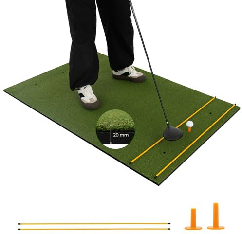 GYMAX 5FT x 3FT/4FT Golf Hitting Mat, Artificial Turf Grass Mat with 2 Rubber Tees & 2 Golf Alignment Stick, Indoor Outdoor Golf Stance Mat for Driving & Chipping Practice (20mm thick, 152 x 92cm)