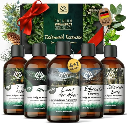 NORDHOLZ® Saunaaufguss Set - Premium Qualität [Tiefenwald-Essenzen - 4x100ml] besonderes & natürliches Sauna Aufgussmittel für intensiven & erholsamen Duft - Sauna Zubehör für Saunafan's