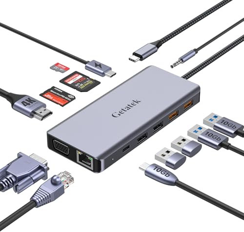 Getatek 12-in-1 USB C Hub mit USB3.2 10Gbps Ports,USB-C10Gbps Port,USB2.0 Ports, 4K-HDMI, VGA,PD100W Charging, 1000M Ethernet, SD/TF/MS-Kartenles, 3.5mm AUX, Kompatibel für MacBook/Dell/HP and More