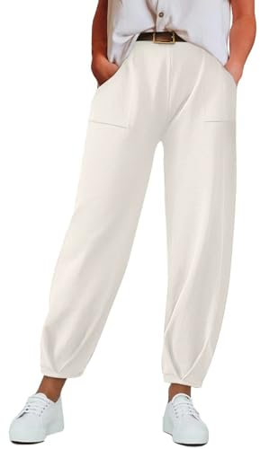 Leichte Sommerhose Damen Stretch - Haremshose Damen Baumwolle Dünn Jogginghose Elastische Stoffhose Mit Taschen Yogahose Weites Bein Gummizug Freizeithose Stretch Schlupfhose -High Waist Hose