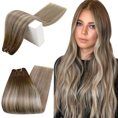 RUNATURE Echthaar Tressen Balayage Dunkelbraun Blond 35cm 70g Glatt Haarverlängerung Echte Haare Farbe #3/8/22
