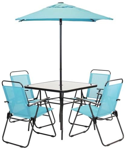 Shally Dogan Set 6 Pezzi da Pranzo per Giardino con Ombrellone, 4 Sedie Pieghevoli e 1 Tavolo con Ripiano in Vetro Temperato, Resistente Raggi UV, Arredamento per Esterno, Patio, Terrazzo (Celeste)