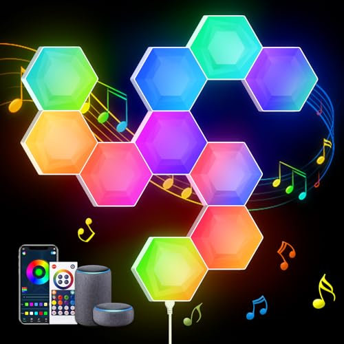 SNADER 10pcs Hexagon Led Panel Gaming led Wand led Smart WiFi RGBIC Musik Sync Light Panel Kompatibel mit Alexa und Google Assistant App Steuerung DIY Kombinierbar für Gaming Deko [Energieklasse A]