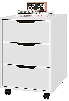 Panana 3 Drawers Office Mobile File Cabinet, Wooden Storage Unit with Caster Wheels Small Filing Cabinet Under Desk Drawer Storage Drawers on Wheels (White)