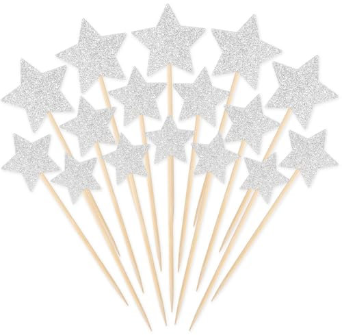 Thinp 30 Pcs Star Cupcake Picks,Silver Stars Cupcake Picks Glitter Star Picks Light Saber Cupcake Toppers Cupcake Topper Sticks for Wedding Engagement Baby Shower Birthday Party (30/35/45mm)