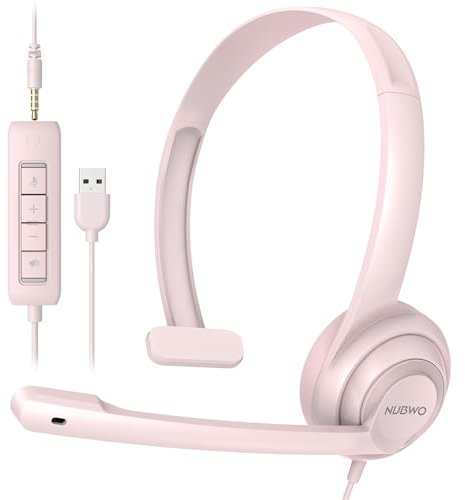 USB Headset with Microphone Noise Cancelling &in-line Control, Super Light, Ultra Comfort Computer Headset for Laptop pc, On-Ear Wired Office Call Center Headset for Boom Skype Webinars (Pink)