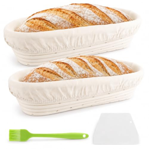 LOPYXBR 2 Stück Gärkorb Oval 35 cm, Gärkörbchen für Brot, Gärkorb Rattan Oval mit Kunststoffspachtel und Silikonölpinsel für Brotbacken