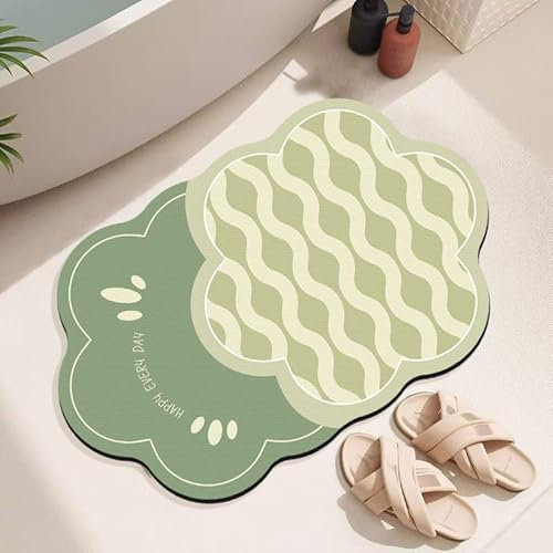 Badezimmerteppich 40X60Cm Grüne Ripple Badteppich rutschfest Waschbar,Duschvorleger Schnelltrocknend,Stein Badematte,Diatomite Stone Bath Mat,Super Absorbierende Badvorleger