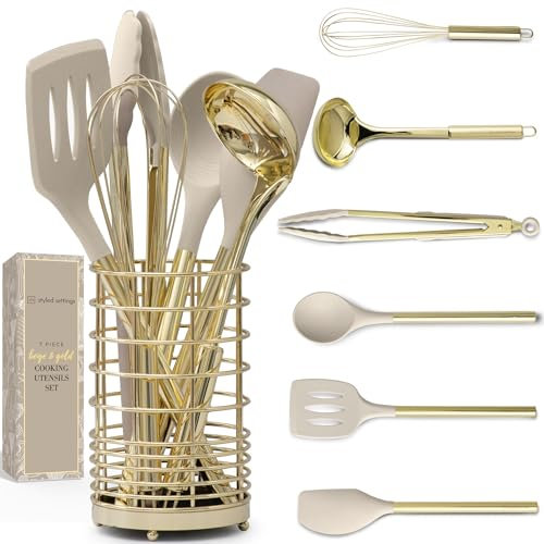 Küchenutensilien-Set, 7-teilig, Beige und Gold, ungiftiges Silikon und Edelstahl, zum Kochen, Servieren und Hosting, ideal für antihaftbeschichtetes Kochgeschirr und moderne Küchen, mit goldfarbenem