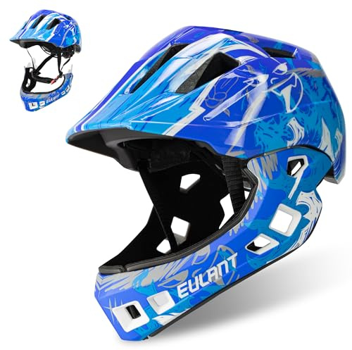 EULANT Children’s Full Face Helmet with Chin Guard, Bicycle Helmet for Girls and Boys Aged 6 Years, Fits Head Size 48-56 cm (Blue White, Medium=52-56cm/20.5-22inch)