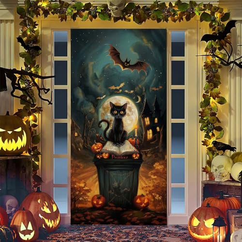 Hixingo Tür Banner Halloween, Happy Halloween Banner Poster Party Banner Hintergrund Türdeko Haustür Halloween Outdoor Deko für Dekoration Veranda Wand (90x200cm,Katze)