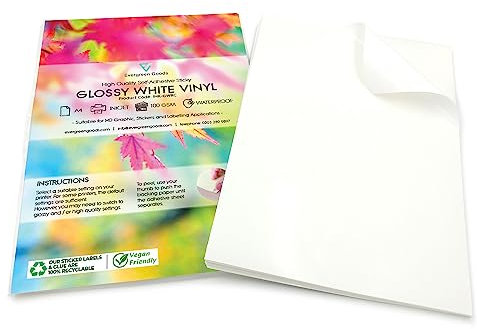 Evergreen Goods Aufkleber, A4, glänzend, weiß, bedruckbar, Vinyl, wasserfester Tintenstrahl- und Laserdruck, selbstklebend, 500 Blatt