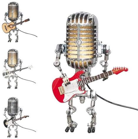 RZHONGM Vueeze Mic Rockbot Microphone Light Guitar, Vintage Microphone Light Microphone Light, Vintage Metal Microphone Robot with Guitar Light Lamp(Red)