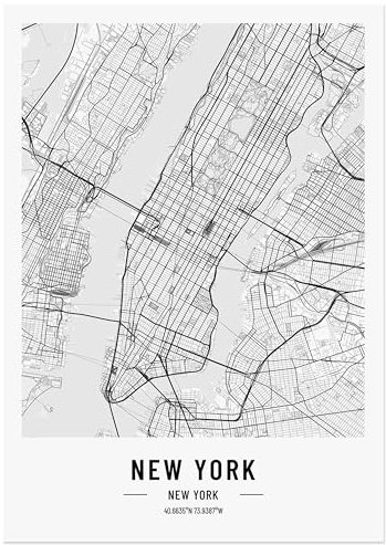 JUNOMI® New York Poster 50x70 cm Wohnzimmer Deko, Modernes Wandbild, New York Bild, Wandbild ohne Rahmen, Stadtplan Poster New York, perfekte Geschenkidee für New Yorker