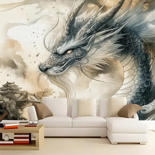 Papier peint panoramique Style de peinture à l'encre Dragon majestueux peint mural pour salon 200 x 140 Décoration murale moderne –décorative pour chambre salon Design unique et moderne gris