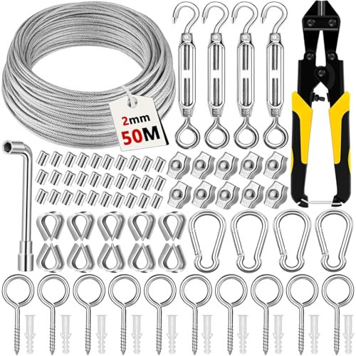CIANBIFN 50M Cable Acero 2mm, 81pcs Cable de Acero Inoxidable 304 Recubierto de PVC con Cortador de Alambre, Tensores de Alambre Para Colgar Luces De Cadena,Toldos, Tendedero,Soporte Planta