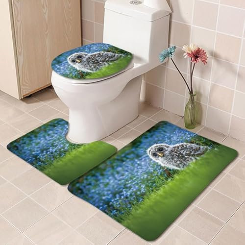 Badezimmerteppich Blaue Blume Eule WC Vorleger mit Ausschnitt WC Deckelbezug 3 Teiliges WC Teppich rutschfeste Badgarnitur U förmiger Badematte Waschbar Bad Teppiche Set 45x75 cm