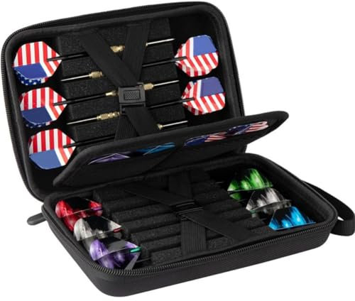 Harte EVA-Darttasche mit Netztaschen – tragbare Aufbewahrung für 12+ Steel/Soft Tip Darts & Zubehör, kompakter Dart-Organizer mit Handschlaufe, Schwarz , Beliebt