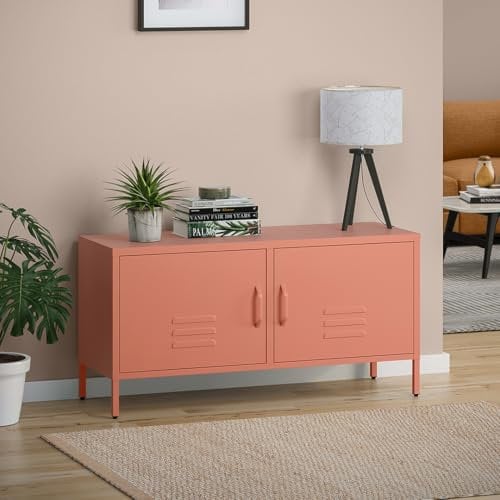 skølm TV Schrank mit 2 Türen Lowboard Metall TV Möbel Tisch Board Sideboard Fernsehtisch Fernsehschrank HiFi-Schrank terrakotta BxTxH 110x38x55 cm