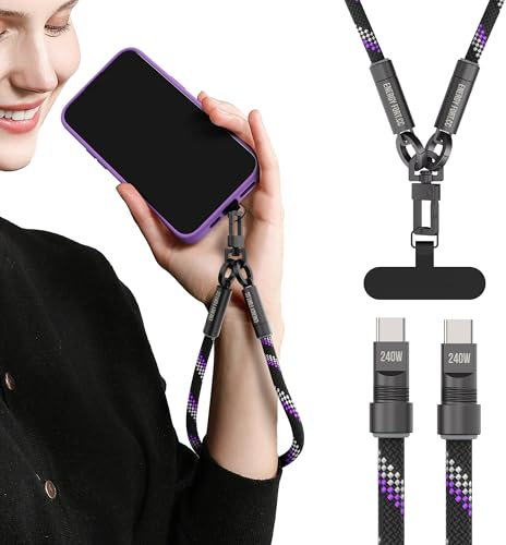 240W Handykette mit Ladekabel für USB-C-Schnellladung, mit Zink-Schlüsselanhänger, violetter LED, strapazierfähigem Geflecht – für Samsung Galaxy S25/S24/A16/A06/A26, iPhone 16,Xiaomi 15 (0,3M)