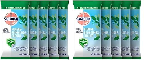 Sagrotan Hygienereinigungstücher – Für die praktische Reinigung und Desinfektion von Oberflächen – 5 x 60 Feuchttücher in wiederverschließbarer Verpackung (Packung mit 2)