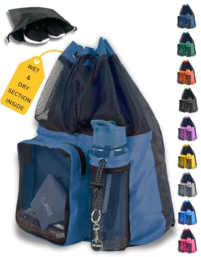 JIMJOOS Kordelzug-Mesh-Schwimmtasche – 25 l wasserdichte Schwimmtasche mit Nass-/Trockenfach, multifunktionaler Sport-Rucksack für Kinder, Erwachsene, Schwimmen, Surfen, Strand, Fitnessstudio