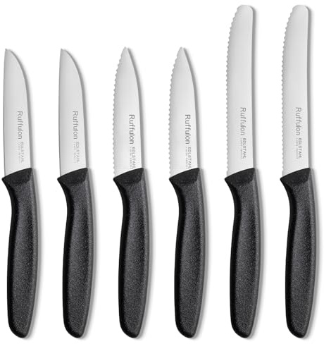 Ruffulon Couteaux à Fruits et à Légumes,6 Pcs, Couteau d'office&Tomate,Noir | Set Couteaux de Cuisine,Lame en Acier Inoxydable,Petit Couteau de Table avec Ergonomique Poignée en Polypropylène