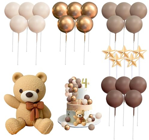 HMCEY 26 Stück Tortendeko Teddybär Geburtstag,Kuchendekoration Kugeln,Teddy Bear Cake Topper,Tortenaufleger Bär,Baby Shower Kuchen Deko für Party,Cupcake Dekoration Niedlich für Jungen, Mädchen