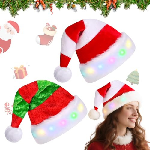 2 Stück Weihnachtsmütze LED Erwachsene, Nikolausmütze mit Leuchtendem LED Weihnachtsmützen Erwachsene Plüsche Weihnachtsmann Mütze mit Licht Weihnachtsmann Hut für Neujahr Festliche Weihnachtsfeier