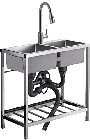 SnamicE Fregadero de Doble Seno de Acero Inoxidable Independiente, Fregadero Comercial para Restaurante con Grifo de Agua fría y Caliente para lavandería, Patio, Garaje,70 * 40cm