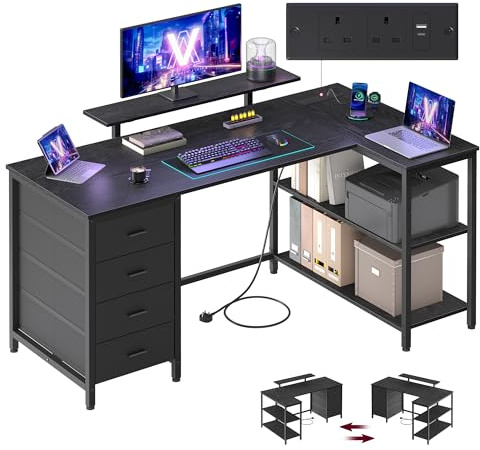 VASAGLE L Shaped Corner Desk with Power Outlets, Computer Gaming Desk with Storage, Reversible Layout, Adjustable Shelves, 4 Drawers, 2 USB Ports, Home Office, 140 x 80 cm, Ebony Black LWD172BE02
