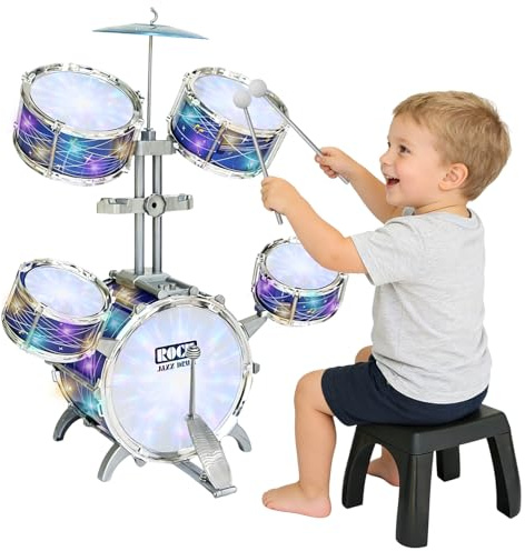 Kids Drum Set for Toddlers 1-3, Upgraded Light Up 5-Piece Jazz Drum Kit with Stool, Bass Pedal & Cymbal, Musical Instrument Percussion Beginner Toy Gift for Boys Girls Ages 3-5 5-7