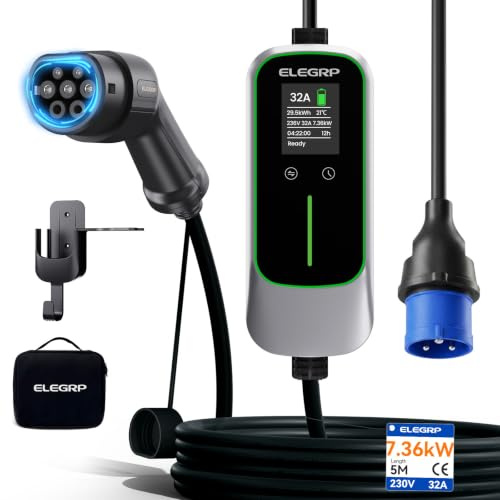 ELEGRP Type 2 EV Charger 7.36kW, 5m 32A Adjustable Current & Timer | IP67 Weatherproof, CEE Industrial Plug, EV Charging Lead for Home, Rental & Caravan, Compatible with Tesla, VW, BMW, Audi