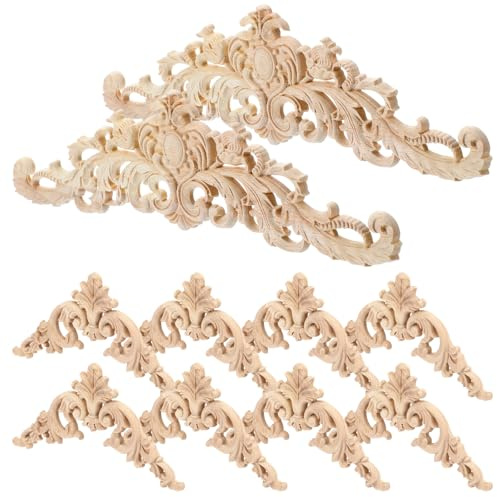 10 Stück Holz Ornamente Holzschnitzerei Applikation Stuckleisten 30 x 8 cm | Wand Ornamente für Möbel Ecke Onlay Applique Möbe Geschnitzt Corner Holzornamente für Möbel