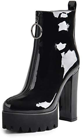 Only maker Damen Stiefeletten Plateaustiefel Bequeme Elastische Knöchelstiefel Blockabsatz Reißverschluss Schwarz Lack 46 EU