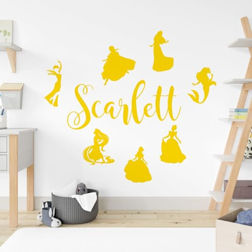 Wandsticker für Mädchen, Motiv: Disney-Prinzessinnen, Elsa, Anna, Rapunzel, Ariel, Aurora, Belle, Aschenputtel, mittelgelb
