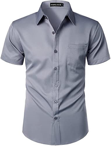 PARKLEES Mens Casual Urban Stylish Slim Fit Short Sleeve Button Up Dress Shirt with Pocket Smoke Gray XXL