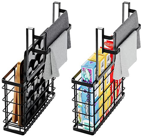 LIVOD 2 Pack Cabinet Door Organizer with Double Towel Bar, Over The Cabinet Door Towel Holder with Foil and Wrap Organizer