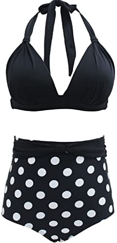 Bslingerie® Women Halter Retro High Waisted Bikini Swimsuit 2 Pcs Set (L, Polka Dots)